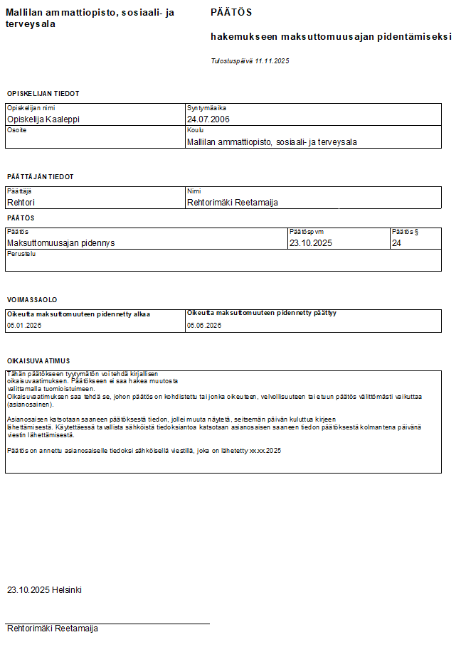 Päätös maksuttomuudesta tuloste