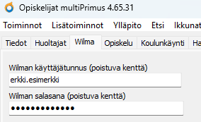Wilma-käyttäjätunnuksen kentät rekisterissä