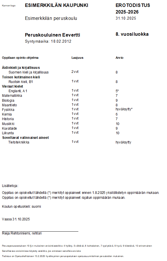 Erotodistus numeroarviointi tulostettuna
