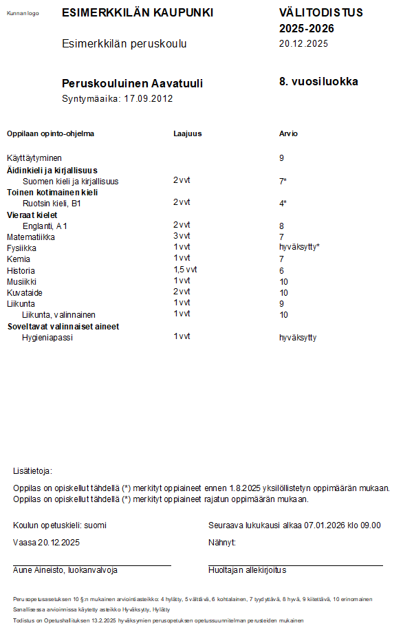 Tulostemalli välitodistuksesta